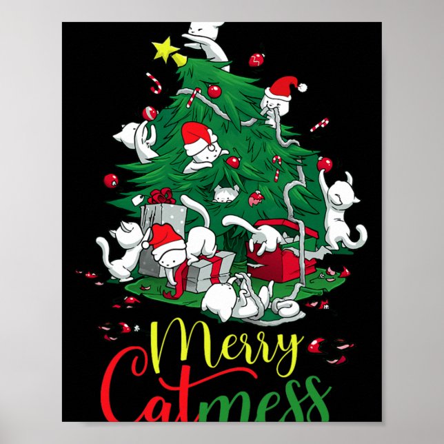 Poster Engraçado Gato Feliz de Árvore de Natal Gatos Cati (Frente)