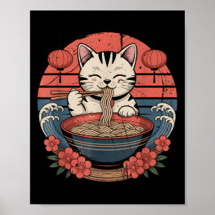 Poster Engraçado Gato Noodle Tee Japonês Anime Kawaii