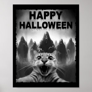 Poster Engraçado Gato Selfie Com Fantasmas Dia de Figurin