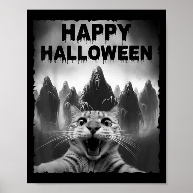 Poster Engraçado Gato Selfie Com Fantasmas Dia de Figurin (Frente)