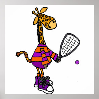 Poster Engraçado Girafa Jogando Cartoon Racquetball