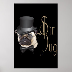 Poster Engraçado, Grande Chapéu Monóculo Sir Pug Dog