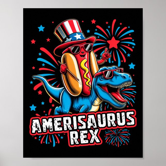 Poster Engraçado Hotdog T Rex Dinosaur 4 De Julho Amerisa (Frente)