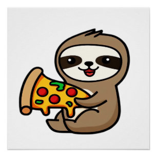 Pôster Engraçado Kawaii Chibi Preguiça com Pizza � Desenh