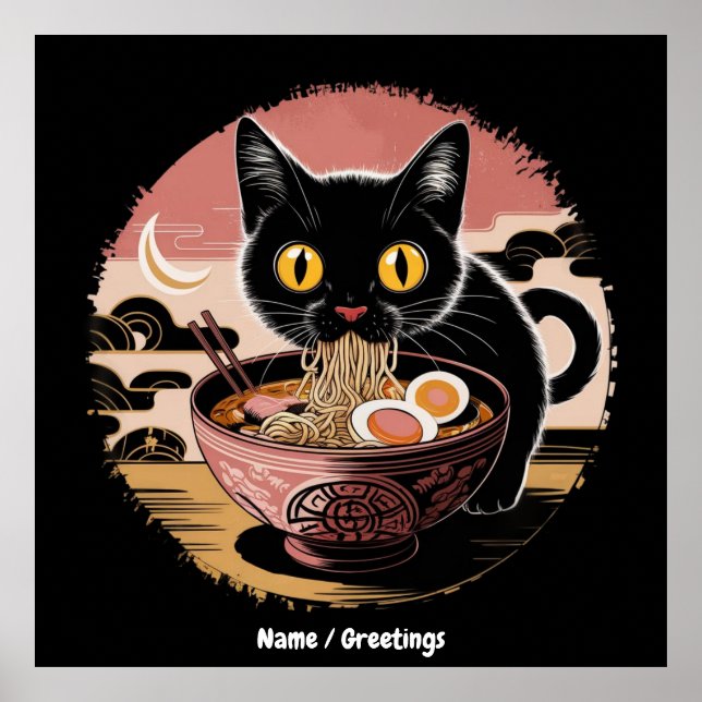 Poster Engraçado Kawaii Gato Comendo Ramen Noodles Animes (Frente)