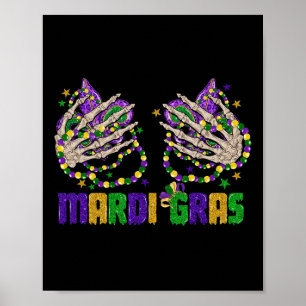Poster Engraçado Mardi Gras Skeleton Mãos Com Miçangas E