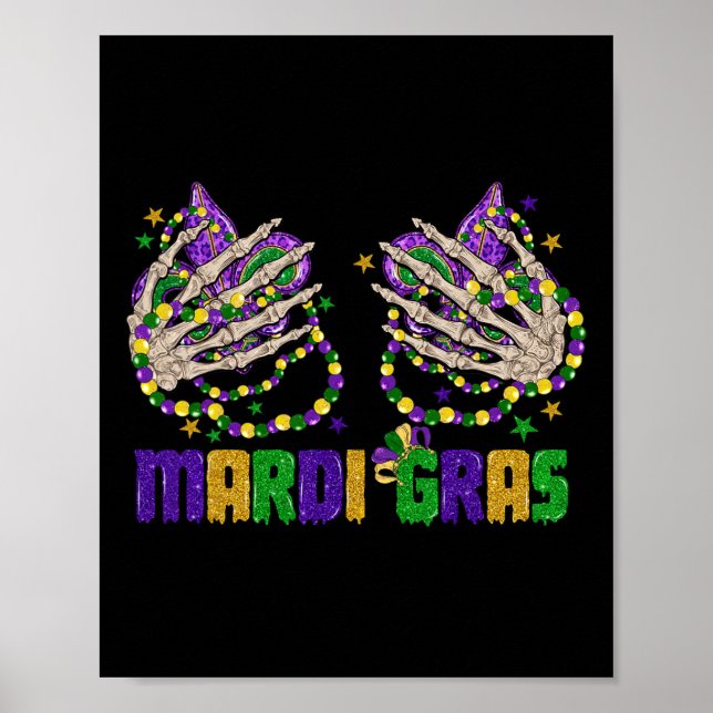 Poster Engraçado Mardi Gras Skeleton Mãos Com Miçangas E  (Frente)