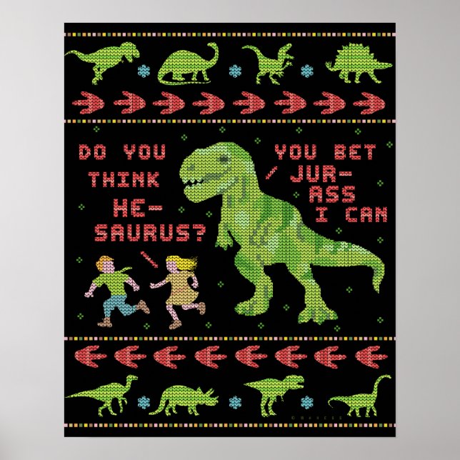 Poster Engraçado Natal T Rex Dinossaur Humor Faux Knit (Frente)