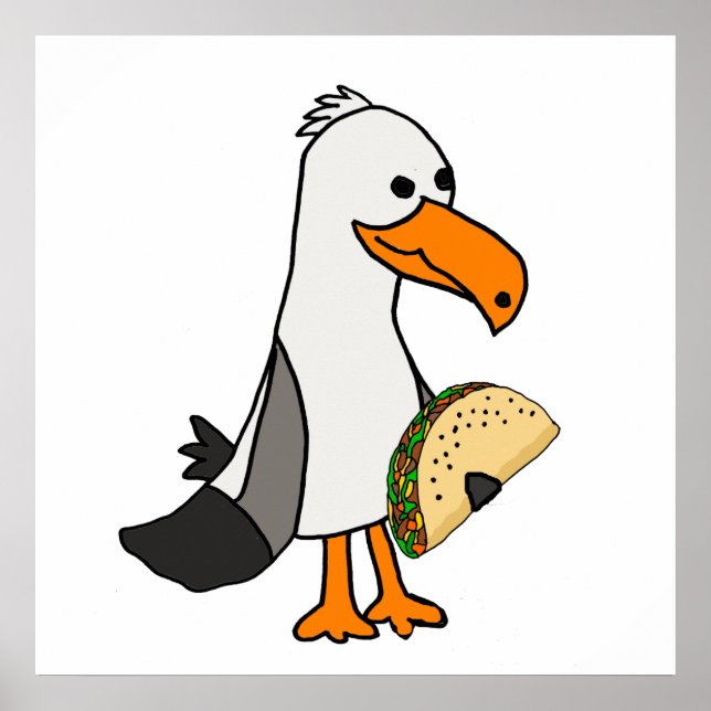 Poster Engraçado Pássaro Seagull comendo Taco Cartoon (Frente)