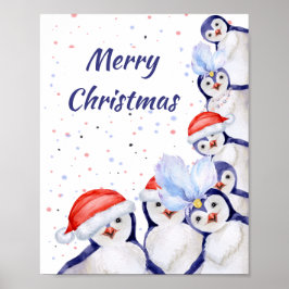 Poster Engraçado Pinguins de Natal Aquarela