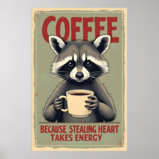 Poster Engraçado Raccoon Coffee Art