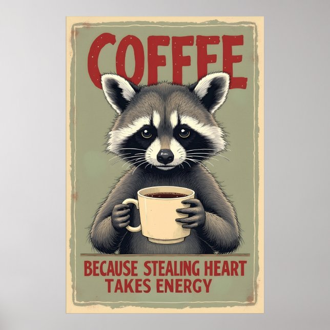 Poster Engraçado Raccoon Coffee Art (Frente)