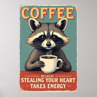 Poster Engraçado Raccoon Coffee Art