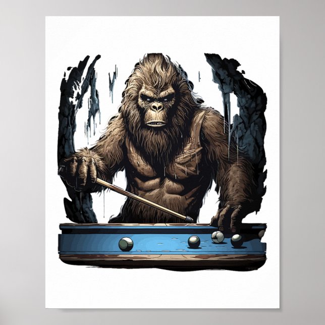 Poster Engraçado Sasquatch Bigfoot Jogando Bilhar (Frente)