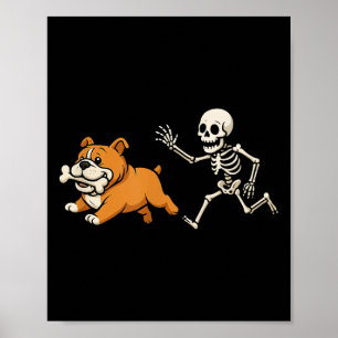 Poster Engraçado Skeleton Buldogue Cachorro de Halloween