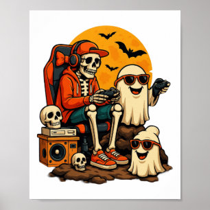 Poster Engraçado Skeleton Vídeo Jogo Halloween Jogador B