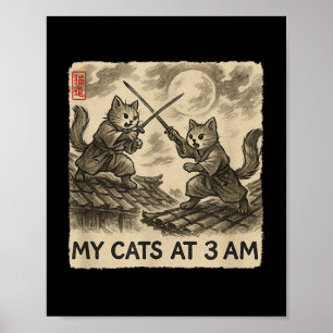 Poster Engraçado Sumi-e Kawaii Pintura Japonesa Meus Gato
