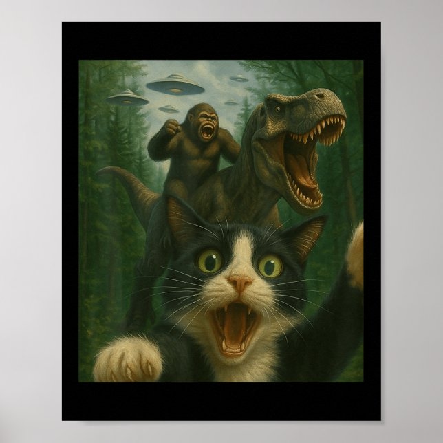 Poster Engraçado Surpreendido Gato Assustado Selfie T-rex (Frente)