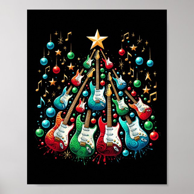 Poster Engraçado Violão Santa Hat Árvore de Natal Violão (Frente)