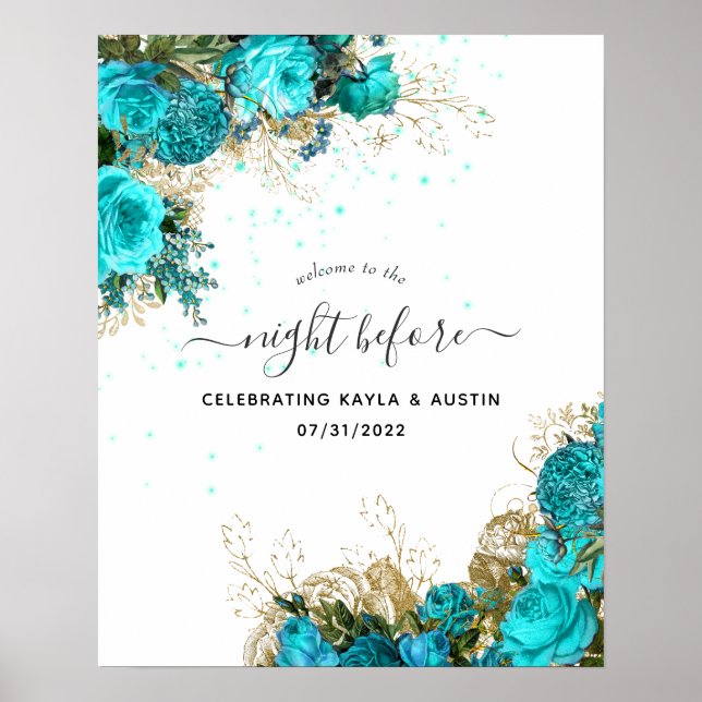 Poster Ensaio de Casamento Turquesa e Dourado Bem-vindo (Frente)