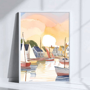 Poster Enseada de Barcos   Pintura em Aquarela do Oceano 