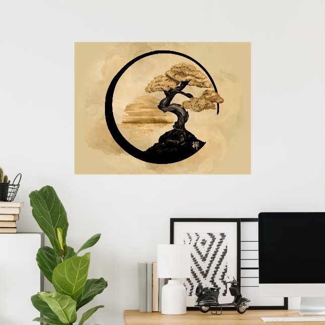Poster Enso Zen Circle Bonsai - Ouro Sunrise (Escritório em casa)
