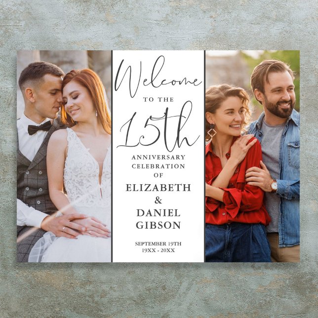 Poster Então E Agora 2 Foto15 Anniversário Sinal de Boas- (Then And Now 2 Photo 15th Anniversary Welcome Sign)