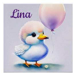 Pôster Entenküken mit Luftballon - Aquarell für Kinder