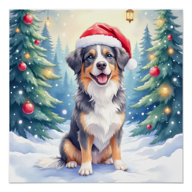 Pôster Entlebucher Mountain Dog Snowy Forest Santa (Frente)