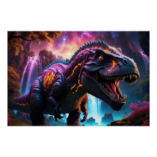 Pôster Epic Cosmic Dinossaur Fantasy Vibrant Landscape Po