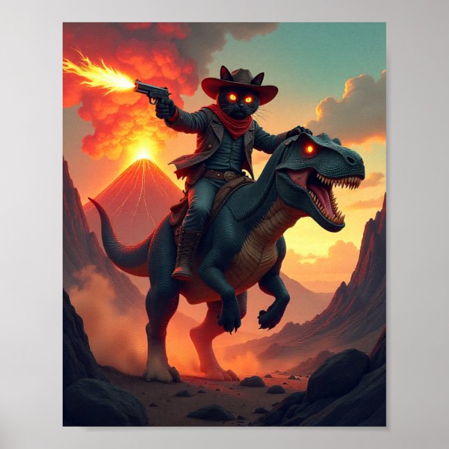 Poster Epic Cowboy Cat Riding Dinosaur | Fantasy Sci-Fi (Frente)