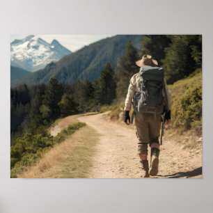 Poster Epic Hike para as montanhas: Hiker entusiasmado