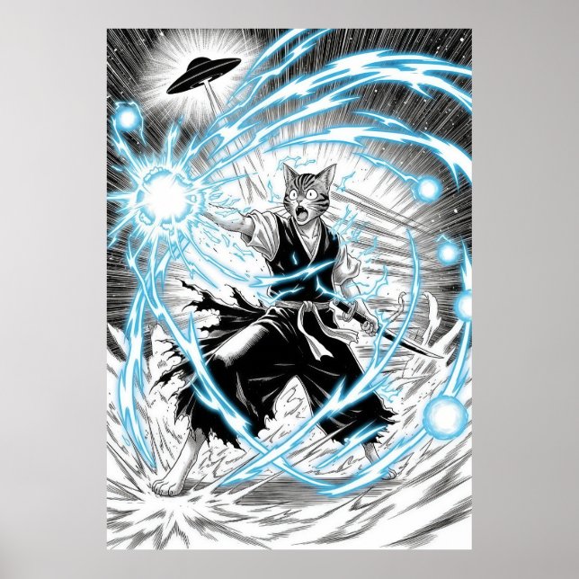 Poster Epic Manga Style Cat Warrior Energy Blast UFO (Frente)