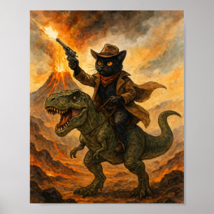 Poster Épico Cowboy Gato Montando Dinossauro – Aquarela O