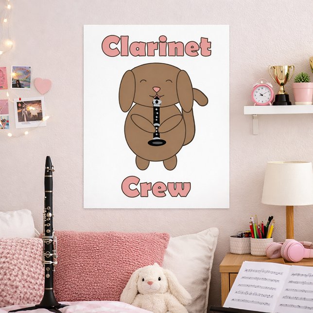 Poster Equipe de Clarinete Fofa Cachorro Músico de Clarin (A poster featuring a cute dog playing the clarinet with the text clarinet crew.)