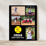 Poster Equipe Personalizada de Nome de Colagem de Fotos d<br><div class="desc">Este poster de colagem personalizada de fotos de softball apresenta as suas fotos de softball carregadas favoritas, um gráfico de softball com o número de camisa do seu jogador e texto adicional, como o nome do jogador e/ou o nome do grupo. Esta design é definida em relação a uma cor...</div>