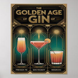Poster Era de Ouro dos Coquetéis de Gin Bar Art Déco