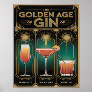 Poster Era de Ouro dos Coquetéis de Gin Bar Art Déco