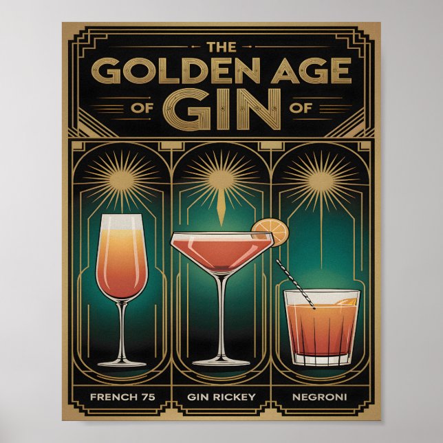 Poster Era de Ouro dos Coquetéis de Gin Bar Art Déco (Frente)