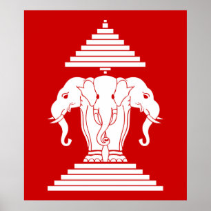 Pôster Erawan Three Headed Elephant Lao / Laos Flag