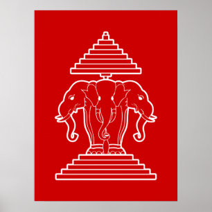Pôster Erawan Three Headed Elephant Lao / Laos Flag
