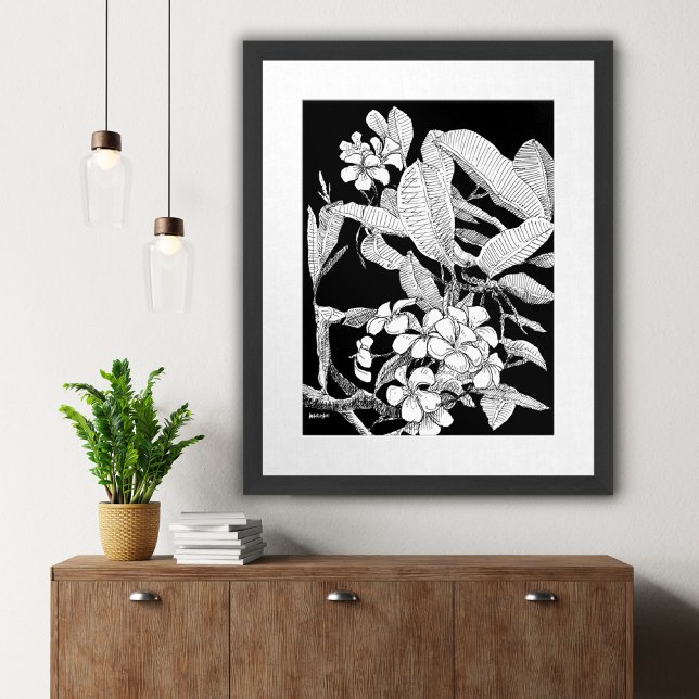 Poster Esboço Botânico de Tinta Preta Floral Boho (Boho Floral Blossoms Black Ink Drawing Wall Print)