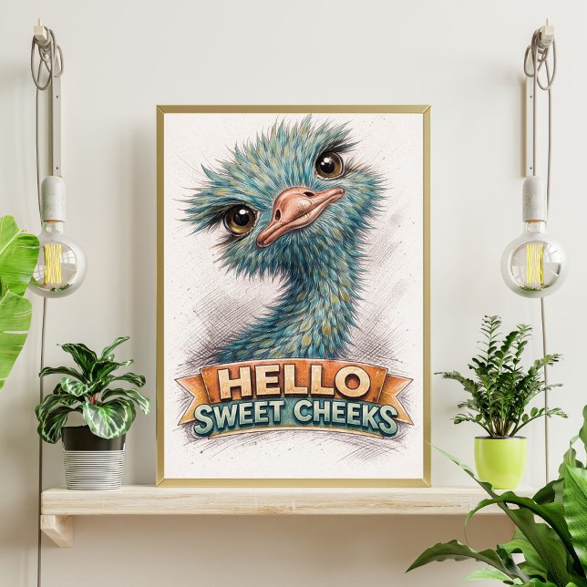 Poster Esboço de Avestruz Azul Fofo – “Olá, Bochechas Doc (Criador carregado)