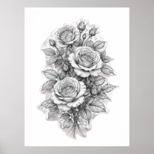 Poster Esboço de Delicado Buquê de Rosas Românticas