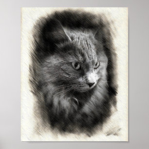 Poster Esboço de Gato Cinza Fofo - Arte de Retrato Felino