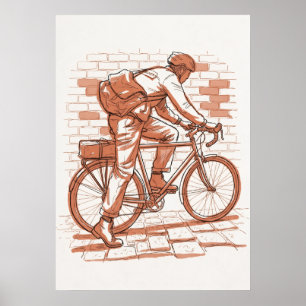 Poster Esboço Sépia de Viajante de Ciclismo de Bicicleta