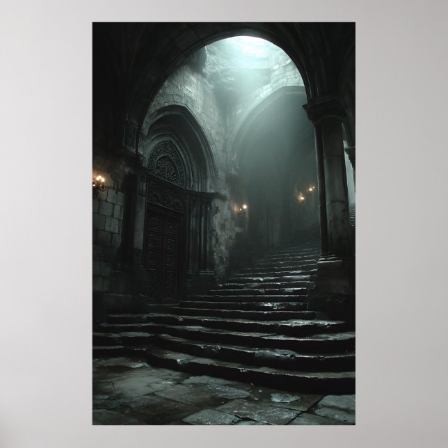 Poster Escadaria Antiga Catedral Névoa Luz (Frente)