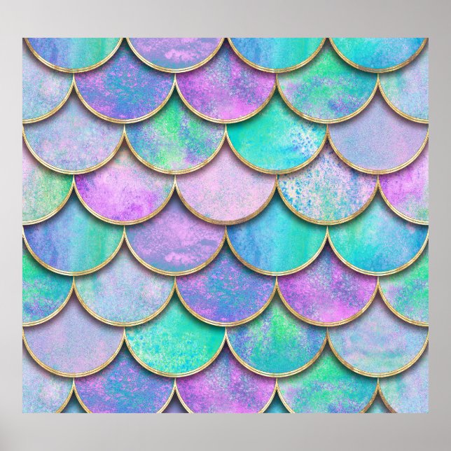 Poster Escalas de sereia: padrão de ondas de aquarela. (Frente)
