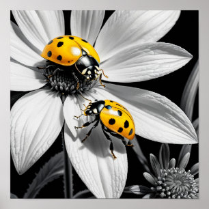 Poster Escaravelho Amarelo Na Flor Branca Preta