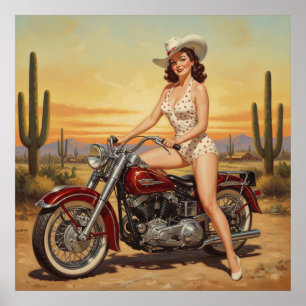 Poster Escola antiga Retro Pin-up Girl em motocicleta